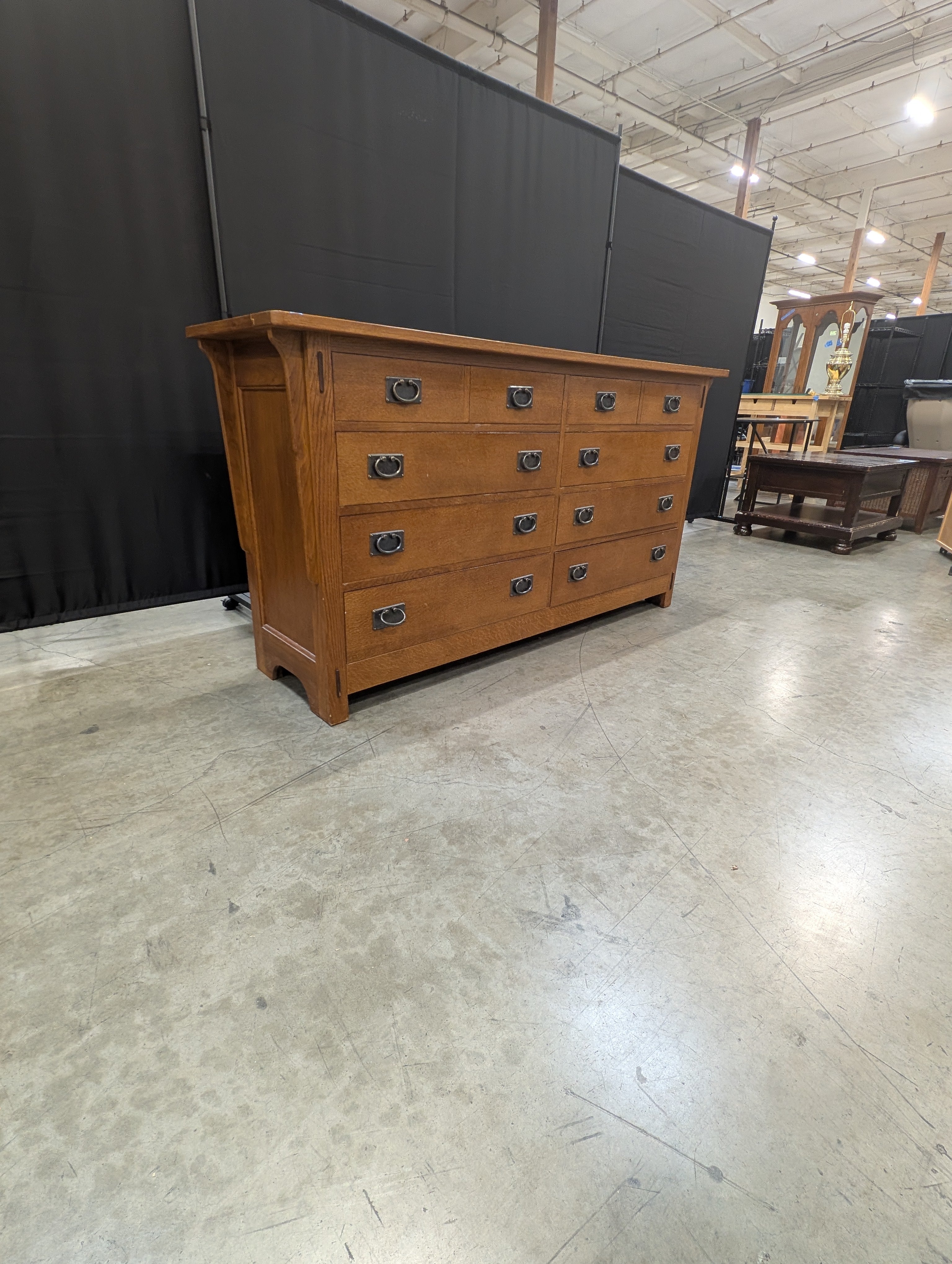 Mission Style Oak Finish Ten-Drawer Dresser with Ring Pulls