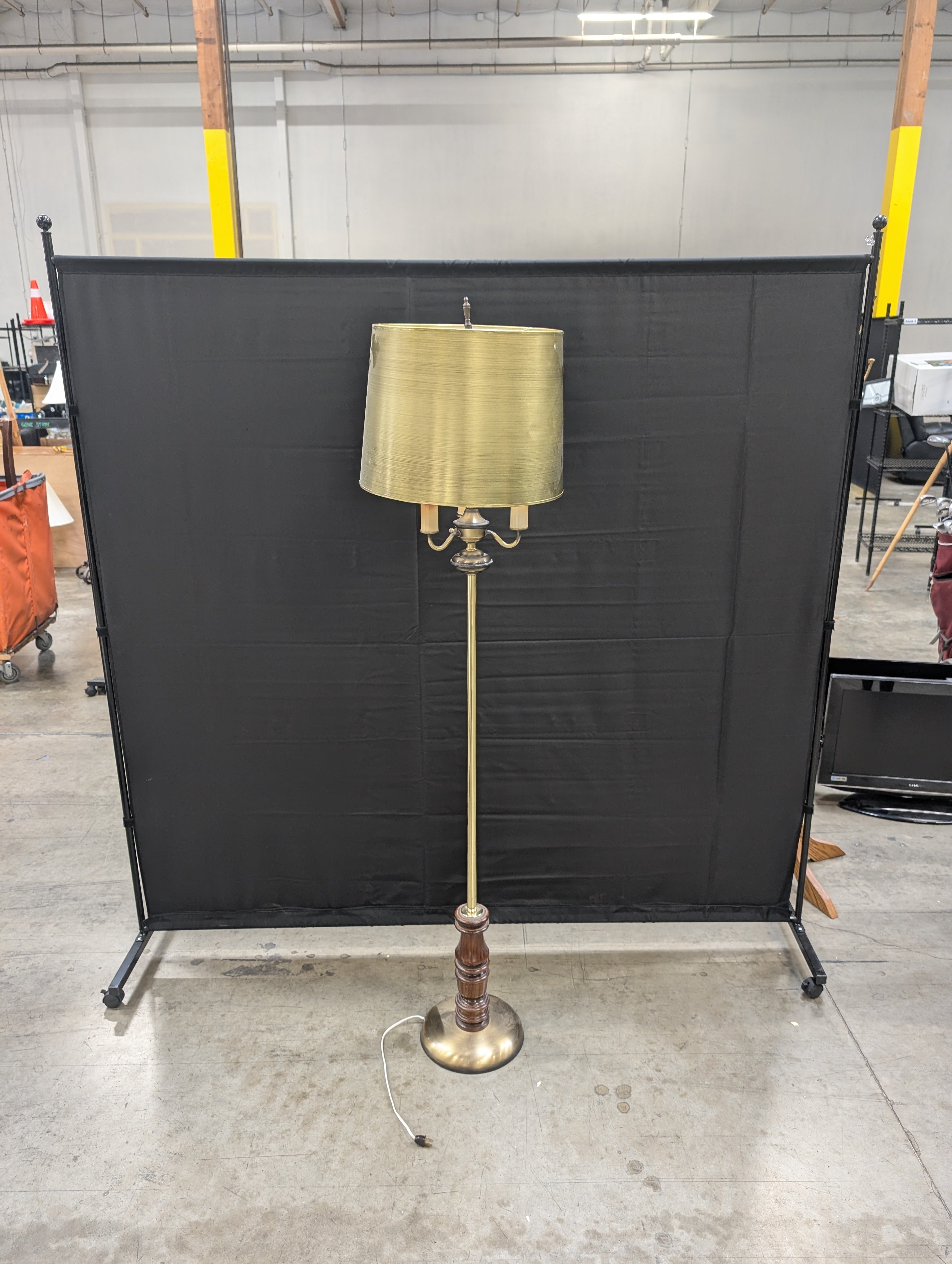 Vintage Style Brass Tone Floor Lamp with Turned Wood Accent