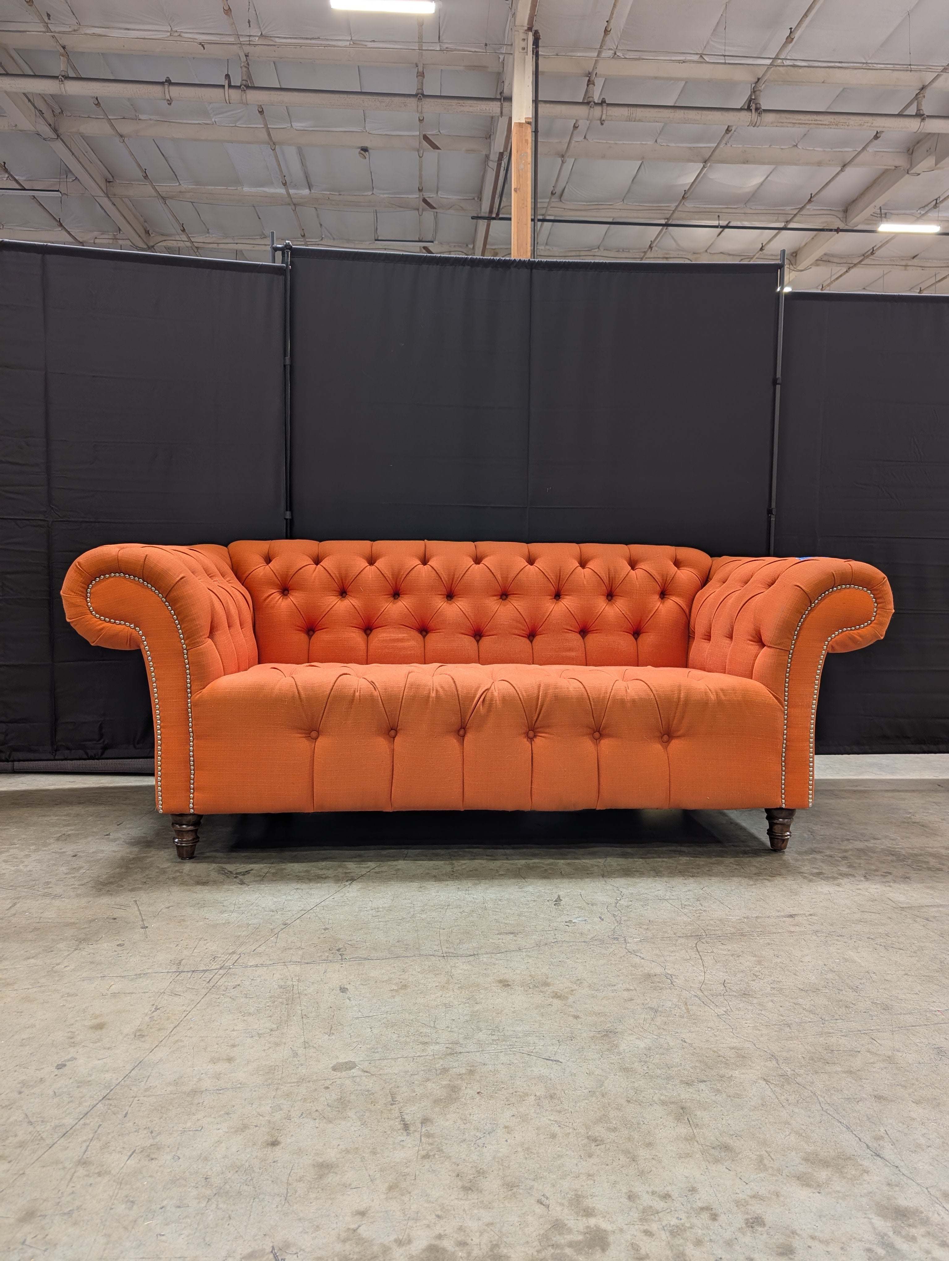Vibrant Orange Button-Tufted Chesterfield Style Settee
