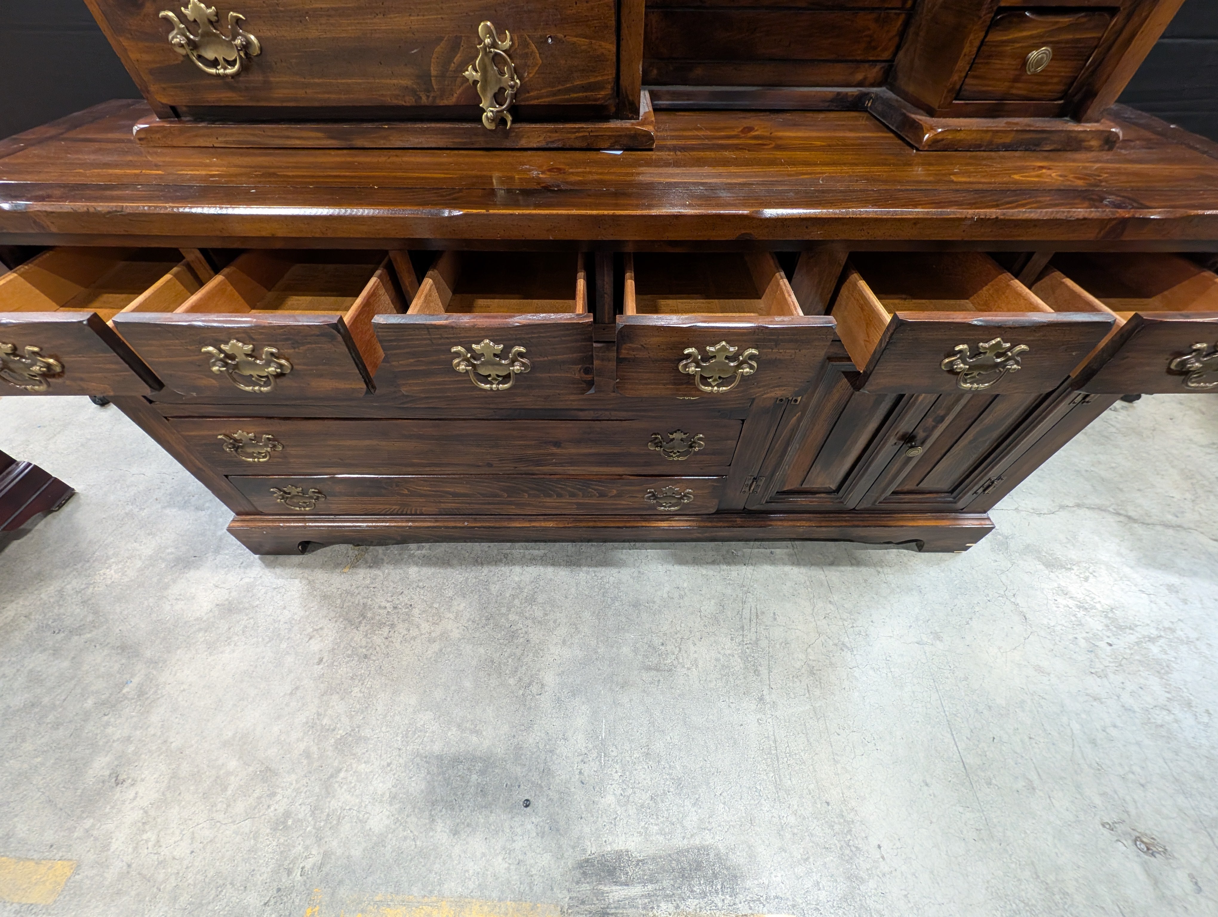 Sears Open Hearth Collection Dark Stained Wood Dresser with Hutch and Mirror