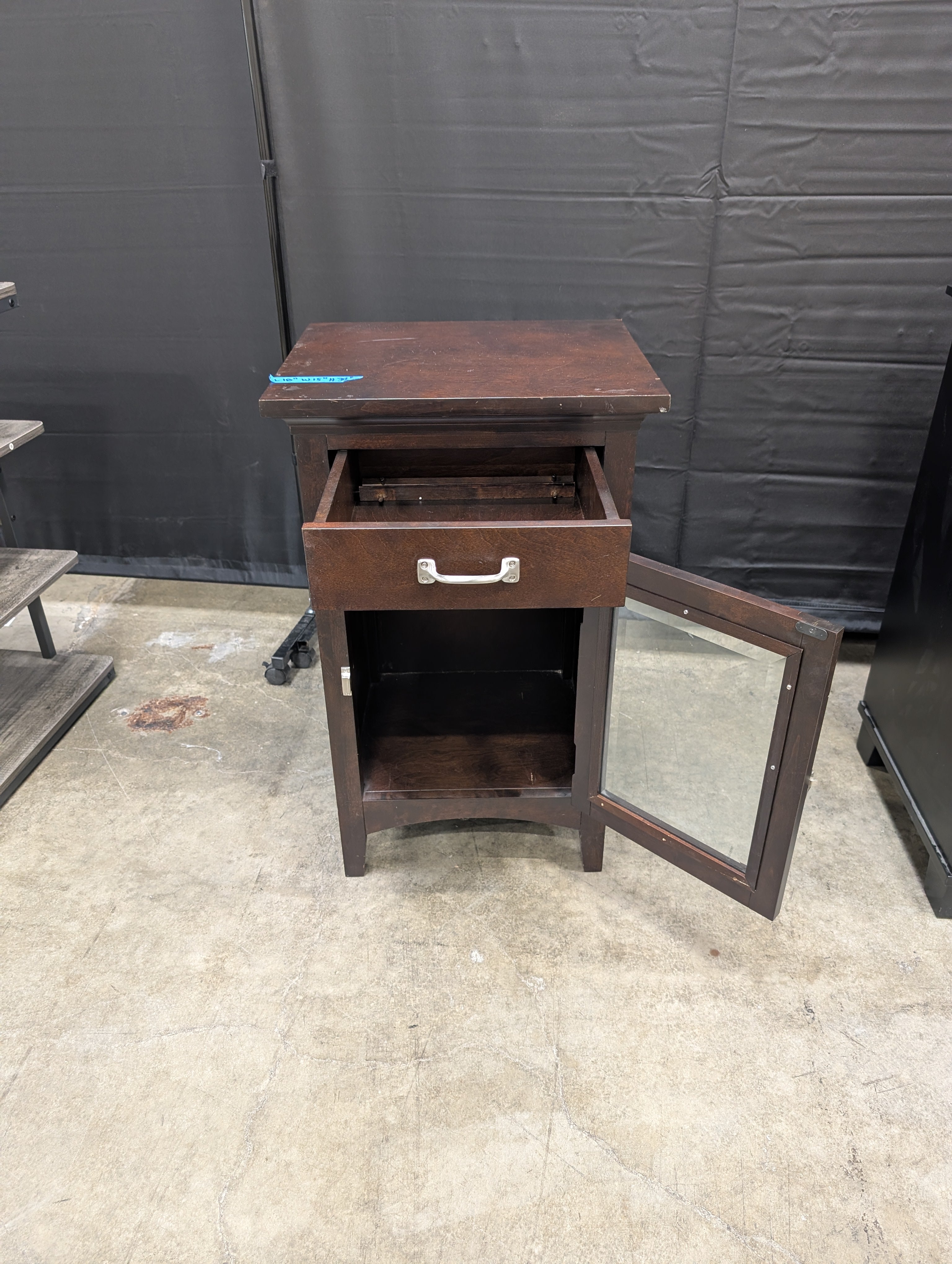 Dark Brown Wood Nightstand with Glass Door